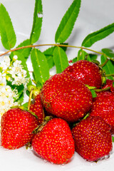 Strawberries with white flowers, green leaves on a white background close-up