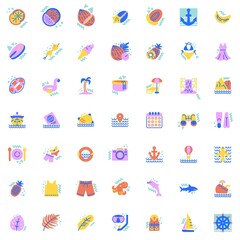 Summer travel elements collection, flat icons set, Colorful symbols pack contains - cruise ship travel, sunbed beach lounge chair, swimsuit, sailboat, drinks. Vector illustration. Flat style design
