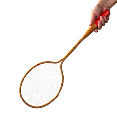 Vintage wooden badminton racket in hand isolated on white background
