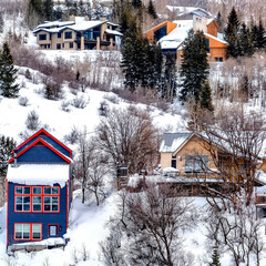 Square Colorful homes on hill slope with view of snowy terrain and natural beauty