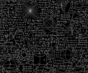 Fototapeta premium Mathematical vector seamless endless texture with handwritten figures, calculations and formulas