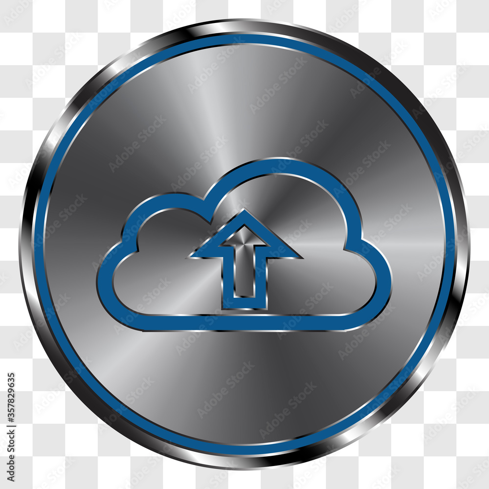 Poster upload simple icon vector on metal round button. transparent grid