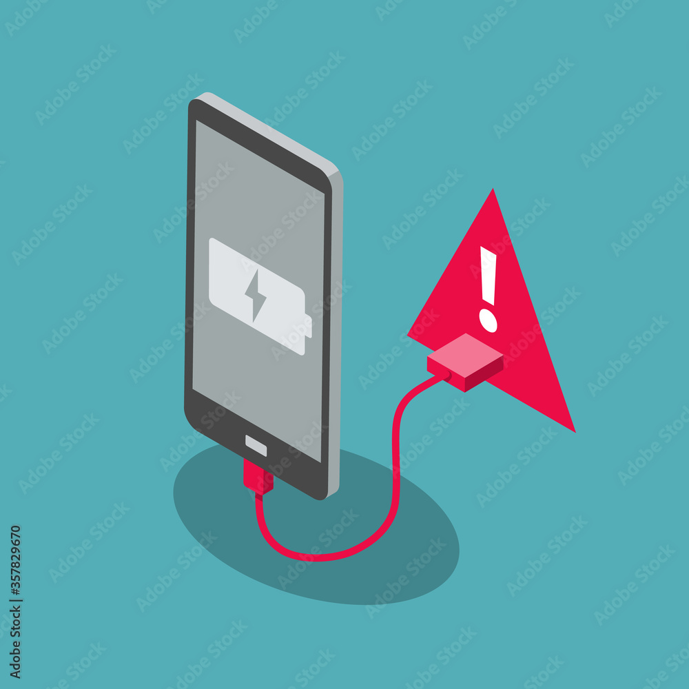 Aufkleber juice jacking attack symbol with a smartphone and a red usb charging port, isolated on blue backgrou
