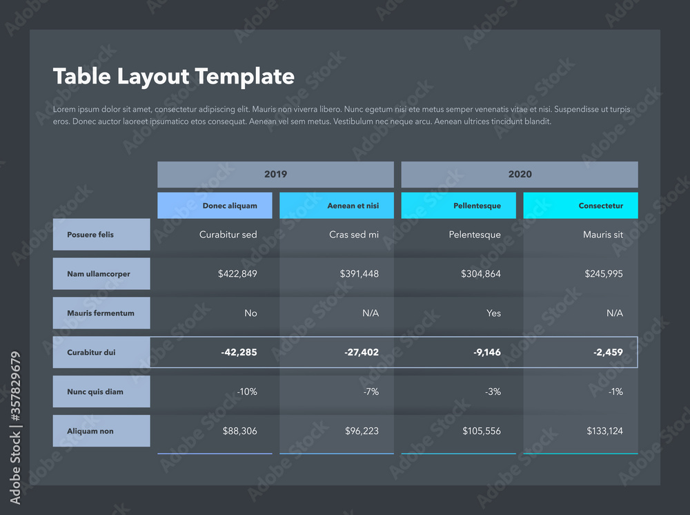 Poster Modern business advanced table layout template with place for your content - dark version. Flat design, easy to use for your website or presentation.