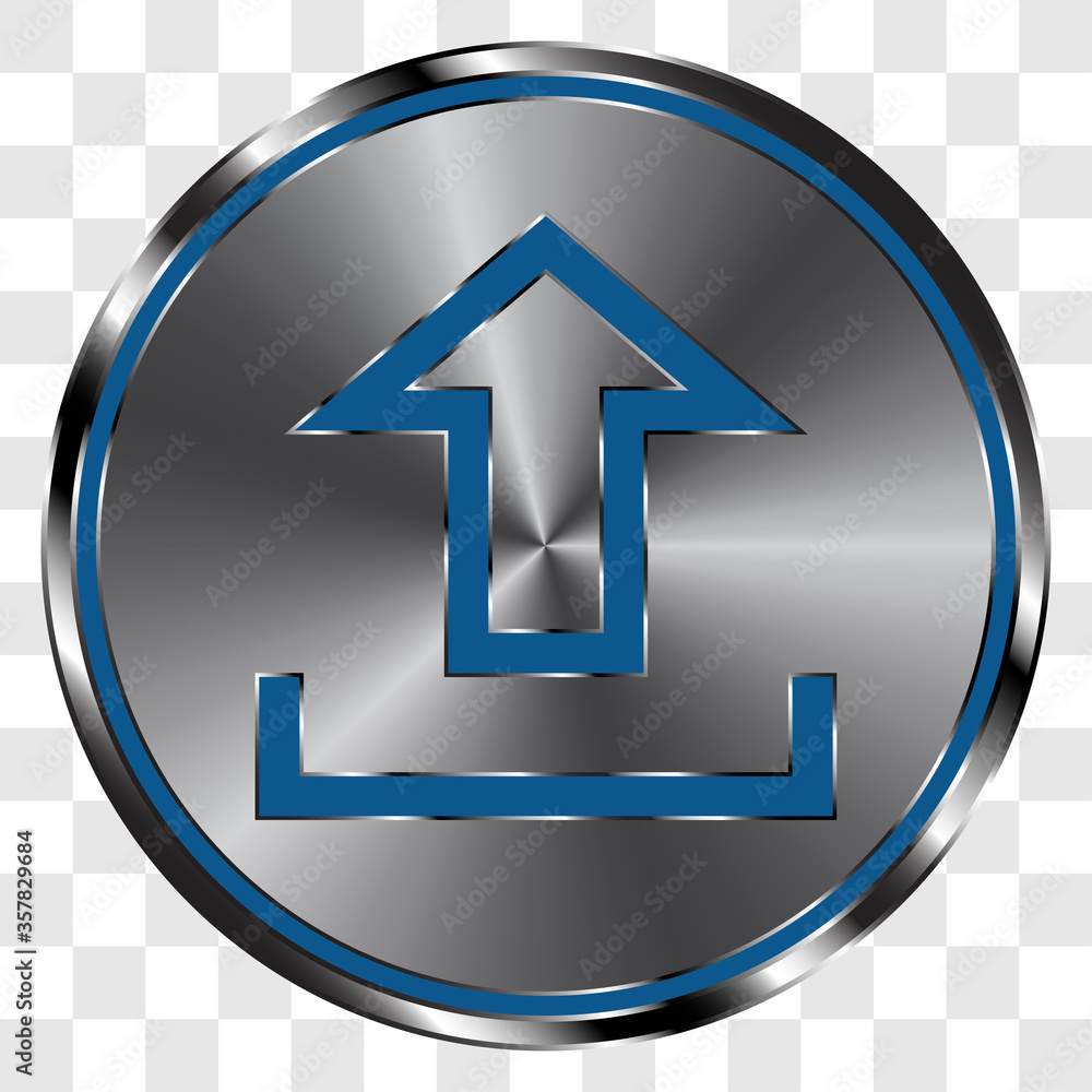 Poster upload simple icon, vector on metal round button. transparent grid