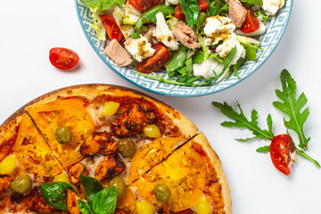 Italian food pizza salad tomatoes cherry meal fresh food diner plate dish food photography 