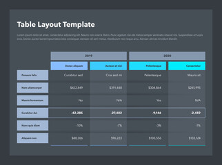 Modern business advanced table layout template with place for your content - dark version. Flat design, easy to use for your website or presentation.