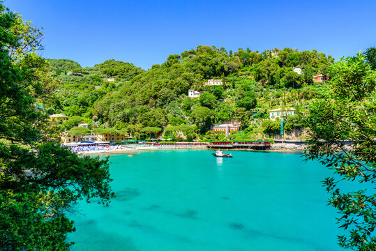 Bay of Paraggi in Santa Margherita Ligure with paradise white beach, close to Portofino. Mediterranean sea of Italy.