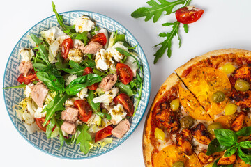 Italian food pizza salad tomatoes cherry meal fresh food diner plate dish food photography 