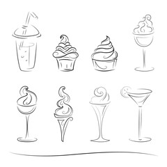 Hand-drawn desserts, cakes, cocktails and ice cream on chalkboard. Design elements. Isolated