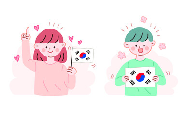 태극기를 들고있는 남녀 캐릭터