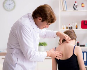 Obraz na płótnie Canvas Female patient visiting young handsome doctor chiropractor