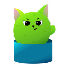 Cactus cat in a pot, cute and angry, on white background.