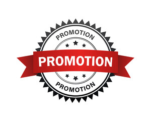 Promotion label. Promotion black-red stamp with band. Vector illustration.