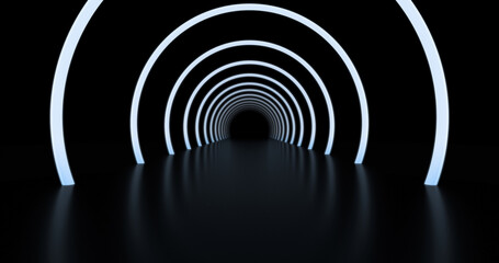 Abstract background, tunnel of glowing arcs. 3D render.