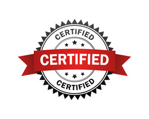 Obraz premium Certified label. Certified black-red stamp with band. Vector illustration.