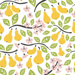 pear seamless pattern. pear on brunch, fruit flowers. Summer background. Wallpaper or print, packaging or paper, textile design. doodle flat Vector