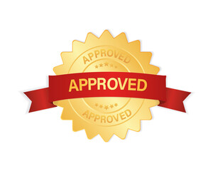 Approved 3d gold badge with red ribbon sign, label isolated on white background.
