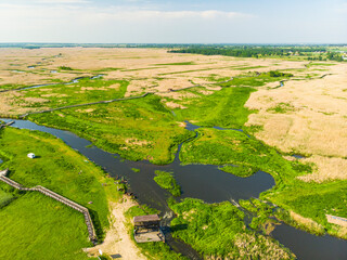 Narew Podlasie Podlaskie Narwiański Park Narodowy  Rzeka kładka trzcina łąka pole widok z drona