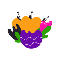 Stylized bouquet of colorful flowers and leaves. Bright, summer, dynamic colors. For printing on postcards, diaries, summer t-shirts. Vector graphics.