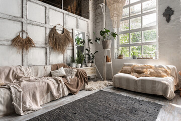 Living room with stylish interior design at cozy home