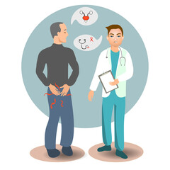 The man went to the doctor with pain. vector flat illustration of the disease of the sexual organ . Prostatitis. medical care. 