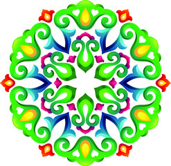 Fototapeta na wymiar Tatar Native Ornamental Rosette in Arabic and Turkish style. Original hand made ornamental circle with colorful gradients in tatar tradition. Floral pattern with tulips and hearts.