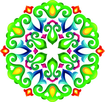 Tatar Native Ornamental Rosette in Arabic and Turkish style. Original hand made ornamental circle with colorful gradients in tatar tradition. Floral pattern with tulips and hearts.