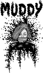 Black and White Inked Girl Muddy Illustration, Woman Silhouette Print 