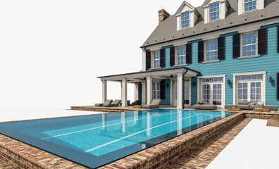 3d rendering of modern cozy classic house in colonial style with garage and pool for sale or rent. Isolated on white.