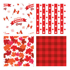 Canada seamless patterns. Canada Independence Day. 1st of July. Happy Canada Day greeting card. Celebration background with fireworks, flags and text. Vector illustration