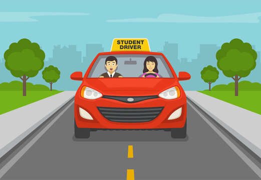 Terrified instructor sitting in car next to a female student driver. Woman driving a red car on the street. Flat vector illustration.