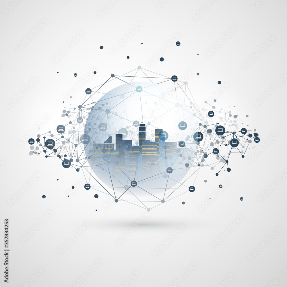 Poster futuristic smart city, iot and cloud computing design concept with polygonal mesh, cluster and nodes