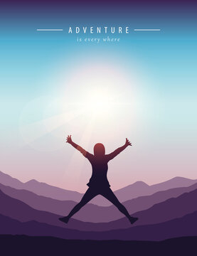 happy jumping girl on mountain landscape at beautiful sunset vector illustration EPS10