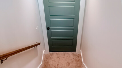 Panorama Indoor stairs of home with carpeted treads that leads down to the basement door