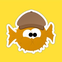 Stickers of Orange Puffer Fish Wear Hat Cartoon, Cute Funny Character, Flat Design