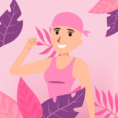 cancer woman with raised fist. Pink banner