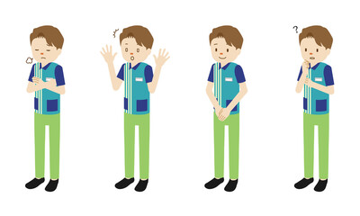 Illustration set of 4 poses of male clerk at convenience store