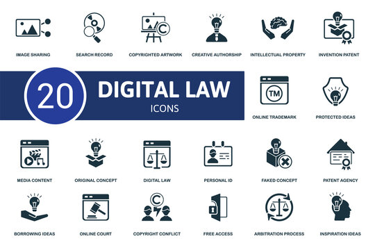 Digital Law icon set. Collection contain inspiration ideas, patent agency, faked concept, media content and over icons. Digital Law elements set.