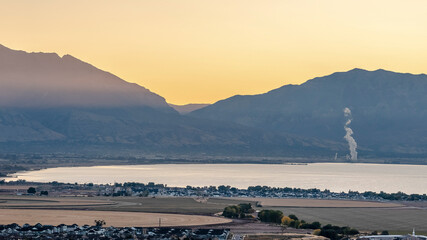 Panorama frame Golden light at sunrise over Utah Lake