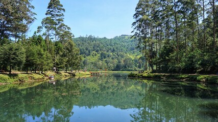 Fototapeta na wymiar Landscape of Cisanti Lake, Bandung, West Java, Indonesia. Cisanti Lake is the spring for Citarum River