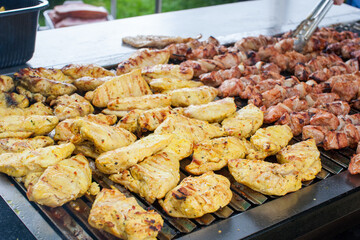 Outdoor picnic scene of bbq with delicious chicken breasts and satay on a grill 
