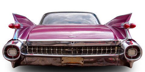 Classical American Vintage car 1959. Back view. White background.