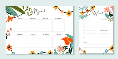 Weekly and daily planner template with flowers vector illustration. Notebook or sticker with to do list, days and empty squares. Journal for effective work, organization and time management
