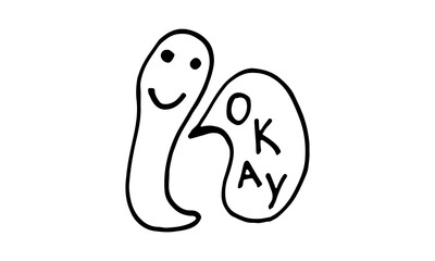 Funny worm with speech bubble. Hand drawn vector character illustration. Outline doodle drawing