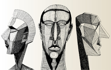 A vector illustration of abstract human heads. Hand drawn faces from my imagination. Black and White.
