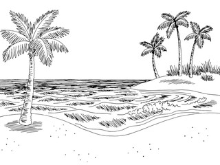 Sea coast graphic beach black white landscape sketch illustration vector