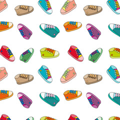 Seamless pattern children shoes multicolored sneakers on a white background vector