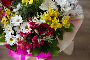 beautiful bouquet with multicolored flowers. the view from the top.