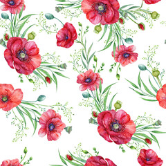 Seamless pattern, Red poppies on white background for textile design, Wallpaper